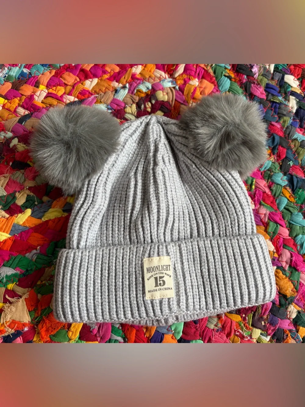 BABY TODDLER GRAY KNIT WINTER HAT WITH PUFFBALL EARS